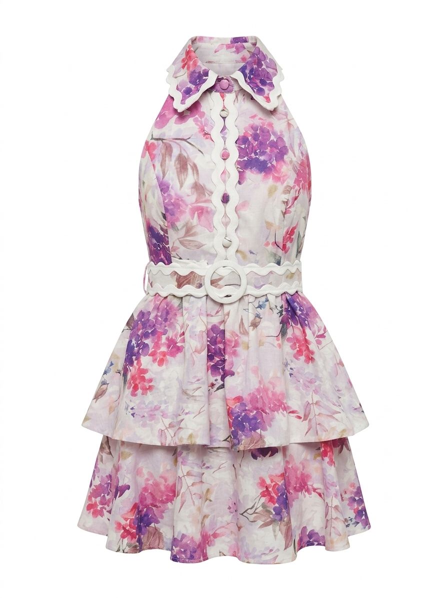 Çiçek Desenli Halter Yaka Pembe Elbise