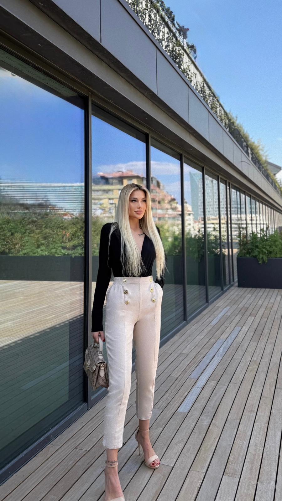 Gabardin Kumaş Yüksek Bel Bej Pantolon