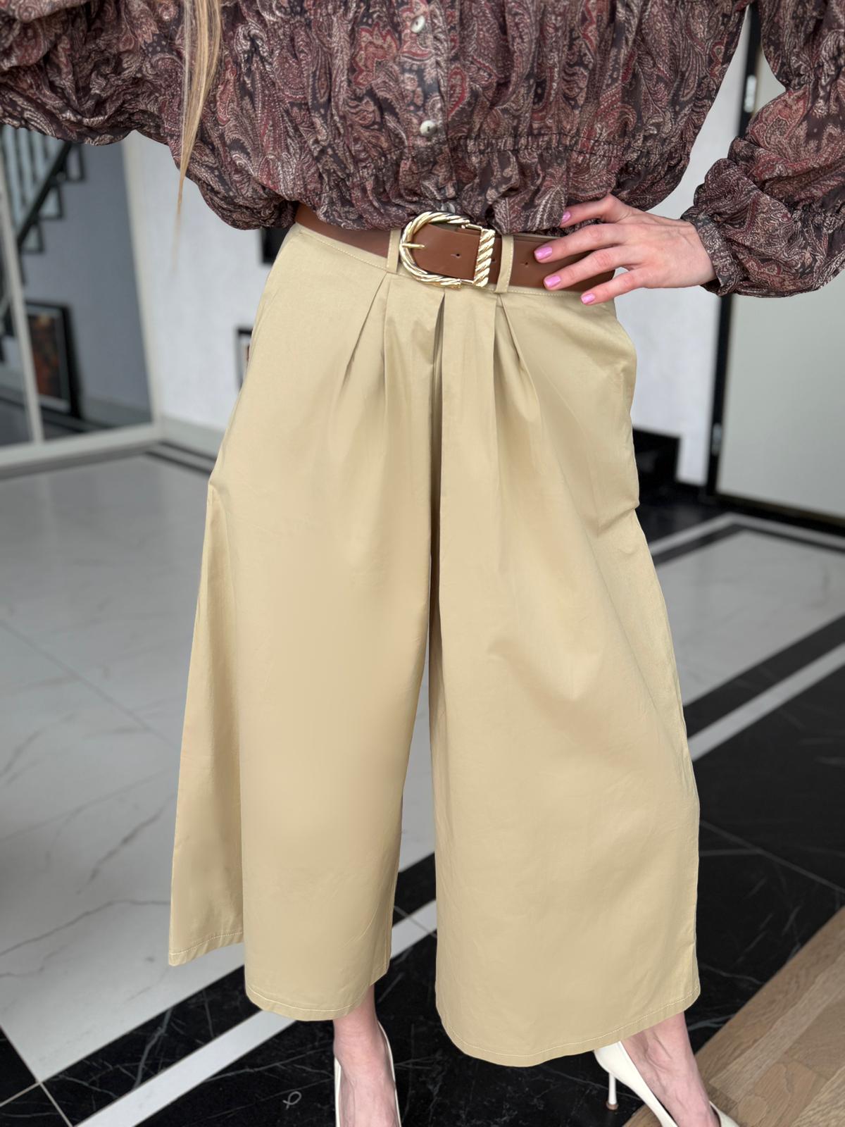 Yüksek Bel Kemerli Bol Paça Camel Pantolon