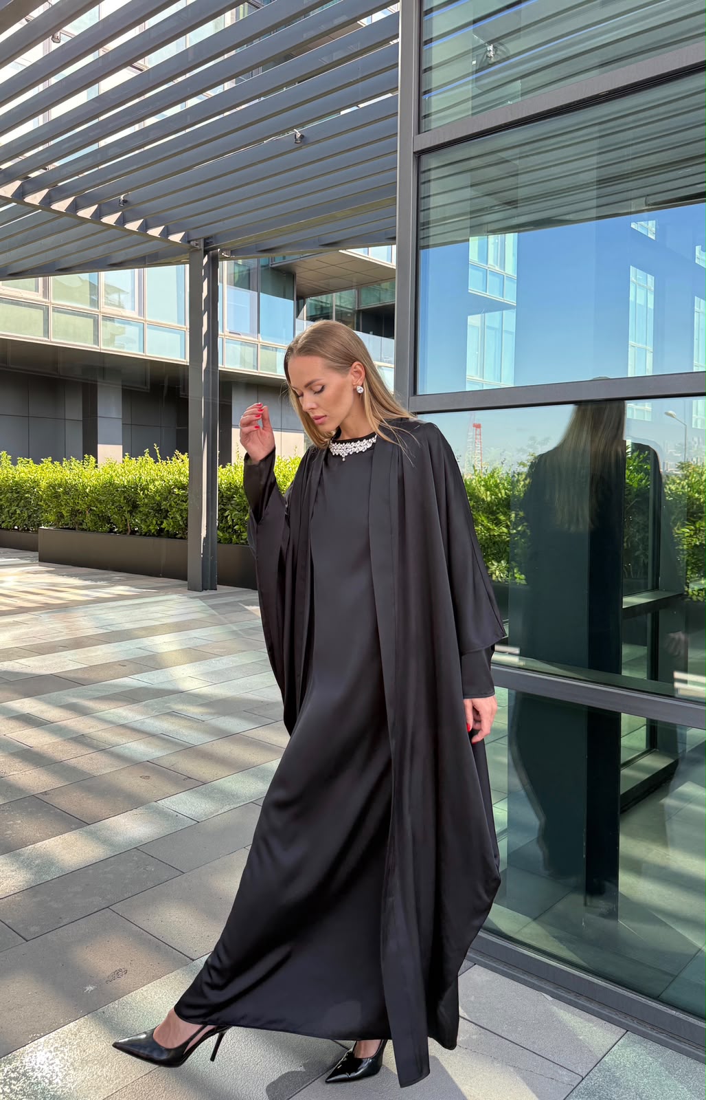 Kum Saten İkili Abaya Takım -Siyah